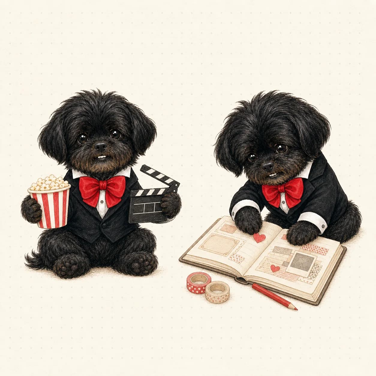 Lamby in his tuxedo holding popcorn and a movie clapperboard