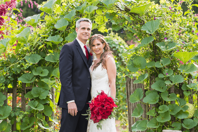 Shirley and Cris together in the garden on their wedding day